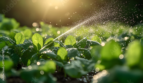 “Close-Up of a Spray Gun Spraying Water on Green Potted Plants” 