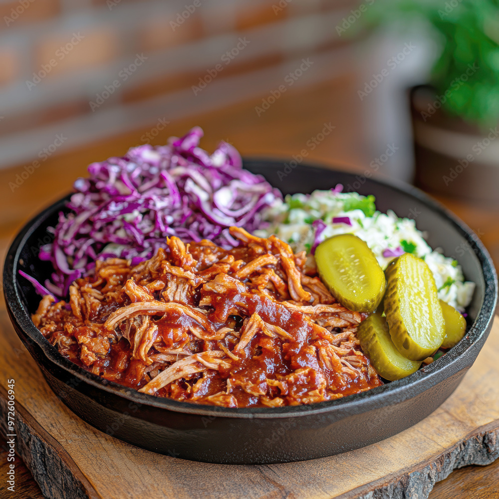 Tasty Pulled pork with cucumber. AI generative. Tasty Pulled pork with cucumber. AI generative.