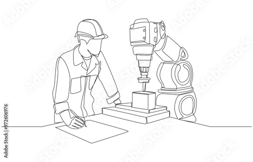 Continuous one line drawing of engineer checking performance of lathe robot arm, robotics engineering concept, single line art.
