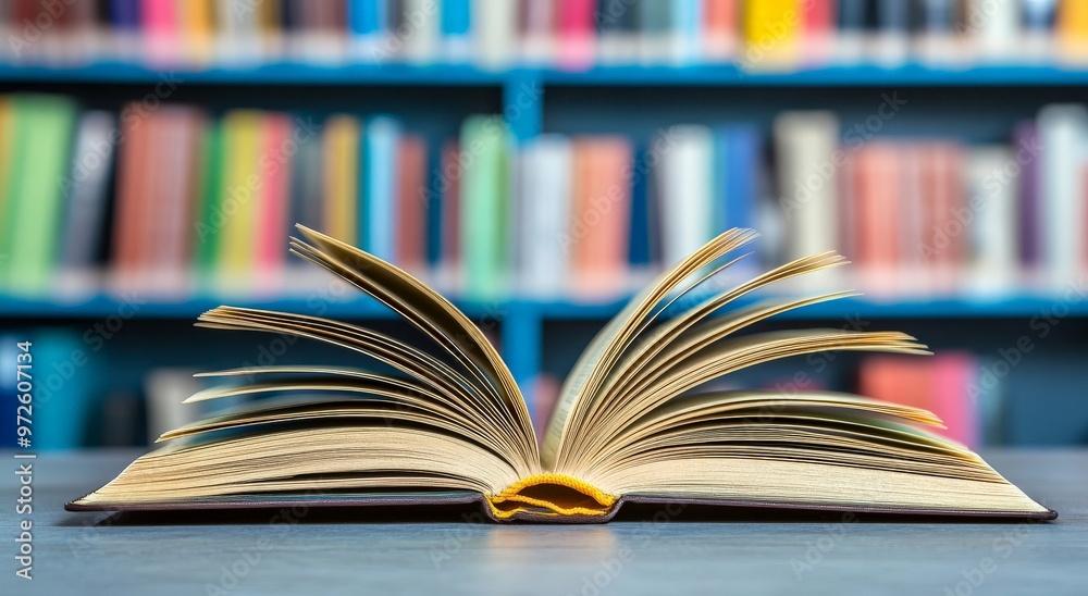 Open book with colorful bookshelf background in library setting Open book with colorful bookshelf background in library setting