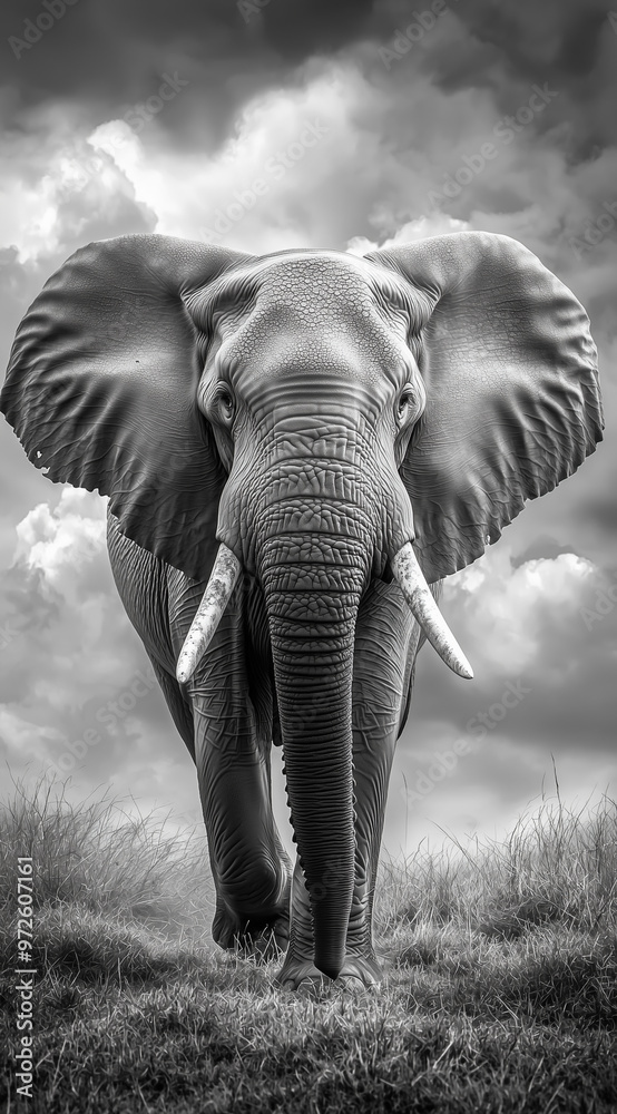 Naklejka premium Black and white portrait of a powerful elephant walking through tall grass.
