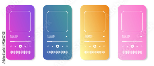 Set of audio player interface templates with album cover frame, slider progress bar and different buttons isolated on white background. Audioplayer app widgets. Vector illustration.