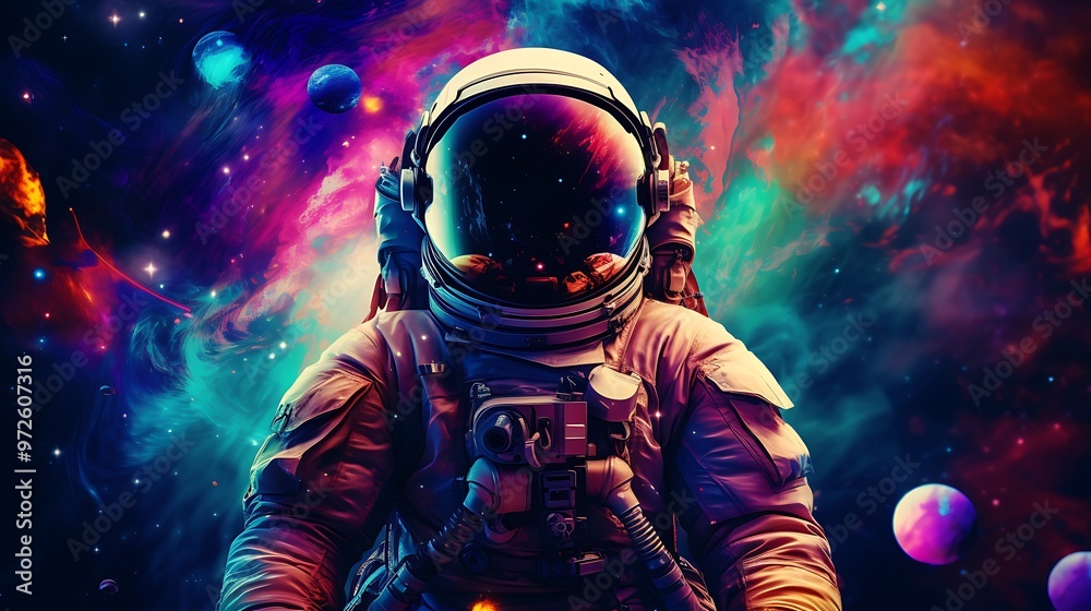 Astronaut in a vibrant cosmic scene surrounded by colorful planets. Astronaut in a vibrant cosmic scene surrounded by colorful planets.