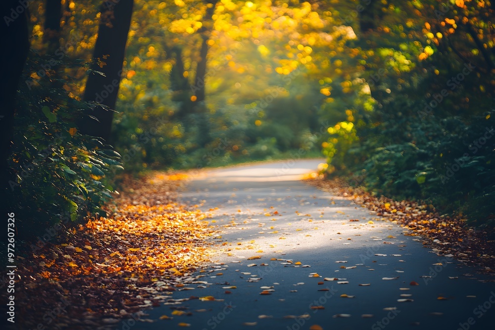 Obraz premium Sunlit pathway through vibrant autumn trees