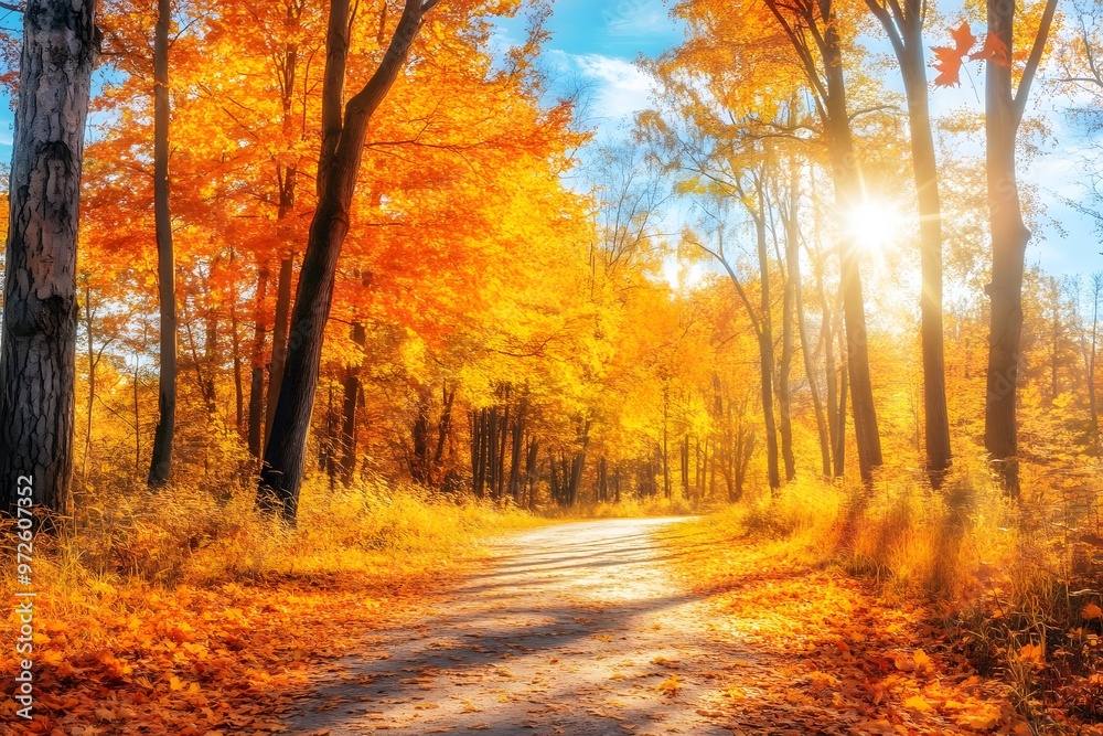 Sunlit pathway through vibrant autumn trees Sunlit pathway through vibrant autumn trees