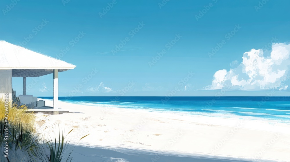 An illustration of a white-roofed structure on the beach, with the ocean stretching out in the background, offering a tranquil seaside view. An illustration of a white-roofed structure on the beach, with the ocean stretching out in the background, offering a tranquil seaside view.