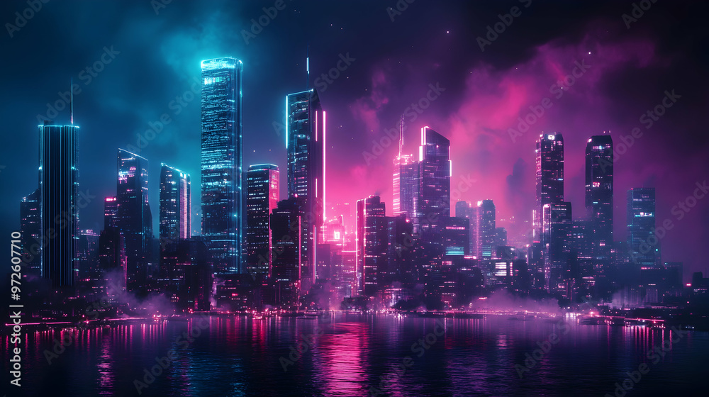 A skyline of a futuristic city illuminated by neon lights, featuring chrome effects that produce a striking visual impact. A skyline of a futuristic city illuminated by neon lights, featuring chrome effects that produce a striking visual impact.