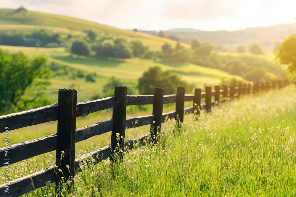 Old wooden fence in a lush green field Old wooden fence in a lush green field