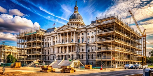 Historic government building undergoing major restoration work, scaffolding and construction equipment surround the photo