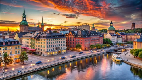 Historic Slussen waterfront at sunset, featuring canal locks, colorful buildings, and bustling streets in Stockholm's