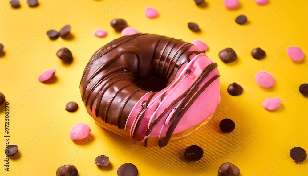 Fototapeta premium Chocollate and Pink Donut Spread on the Yellow Background Suitable for Web, Apps, Presentation, or Printable Meaning