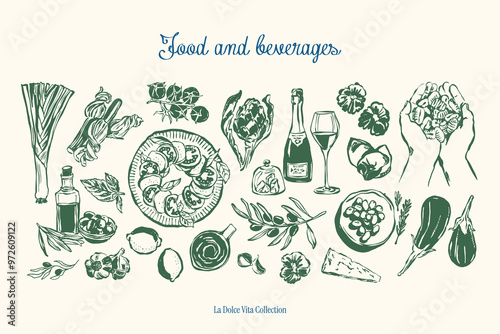 Minimalist hand drawn food and beverages vector illustration collection. Art for greeting cards, wedding invitations, poster design, postcards, branding, logo design, background.