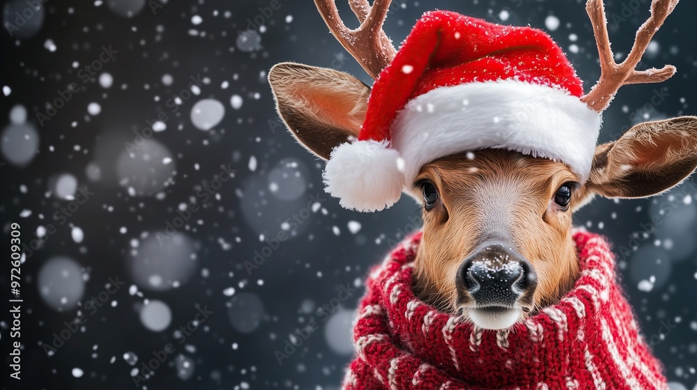 Reindeer in Santa's hat and scarf Christmas Reindeer in Santa's hat and scarf Christmas