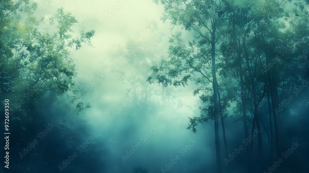 A misty morning forest with grainy gradients transitioning from deep blues to soft greens, evoking tranquility A misty morning forest with grainy gradients transitioning from deep blues to soft greens, evoking tranquility