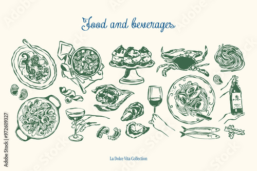 Minimalist hand drawn food and beverages vector illustration collection. Art for greeting cards, wedding invitations, poster design, postcards, branding, logo design, background.