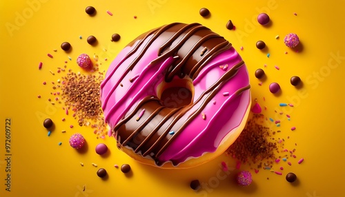 Chocollate and Pink Donut Spread on the Yellow Background Suitable for Web, Apps, Presentation, or Printable Meaning photo