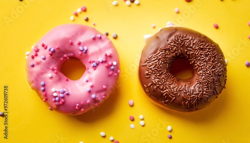 Chocollate and Pink Donut Spread on the Yellow Background Suitable for Web, Apps, Presentation, or Printable Meaning photo