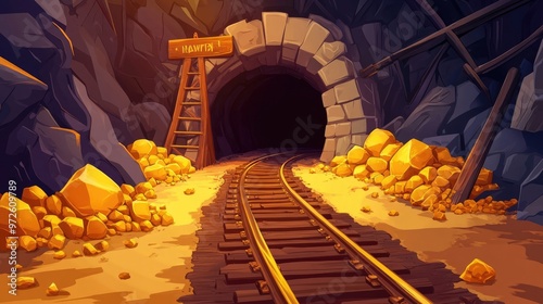 Cartoon Gold Mine Tunnel with Golden Rocks and Train Tracks, Designed for Game Art Background