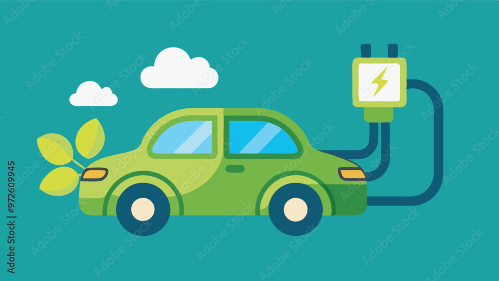 An eco-friendly electric car with green leaves on the hood, connected to a power source through a cable with an electric lightning symbol. An eco-friendly electric car with green leaves on the hood, connected to a power source through a cable with an electric lightning symbol.