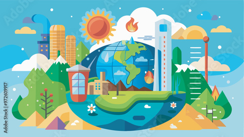 Vivid illustration shows Earth with green regions & destruction, like burning forests & industrial pollution. Humans depicted in various scenarios highlight impacts of global warming.