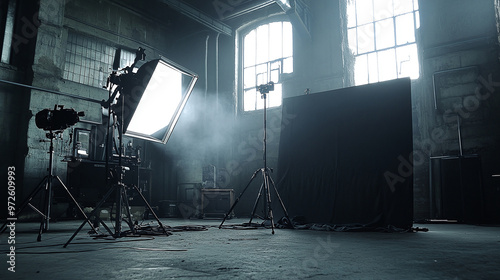 Film shooting location in an industrial setting, featuring professional lighting equipment and a dark backdrop. A moody atmosphere, highlighting the preparation for a film shoot photo