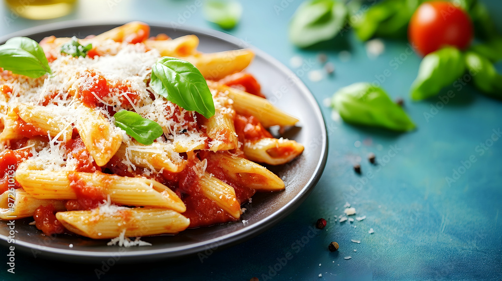 A plate of penne pasta topped with tomato sauce, grated parmesan, and fresh basil, set against a modern blue background with bright sunlight A plate of penne pasta topped with tomato sauce, grated parmesan, and fresh basil, set against a modern blue background with bright sunlight