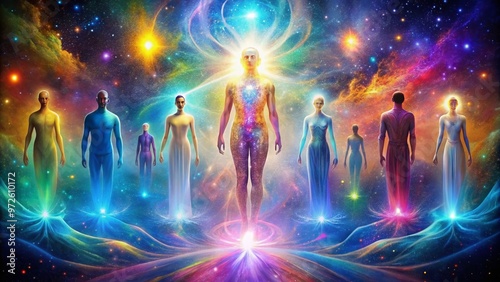 Illuminated beings of light, surrounded by vibrant, swirling auras, embodying celestial wisdom and otherworldly photo