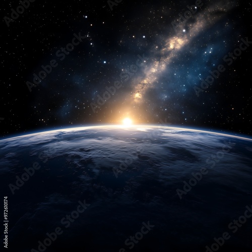 Sunrise Over Earth from Space with a Starry Background