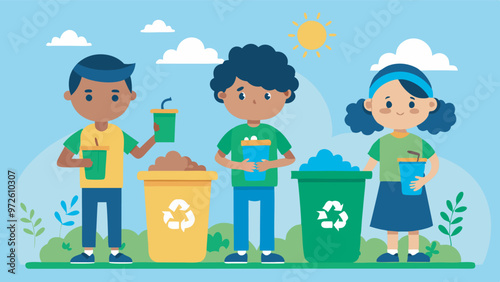 Vibrant cartoon shows 3 kids recycling happily by colored bins. Nature-themed with kids holding plastic items. Encouraging and eco-friendly scene.