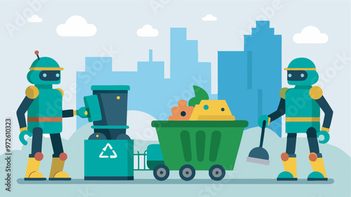 Two robots in green and grey clean a city street; one discards trash, the other collects more using a scoop, against an urban backdrop.