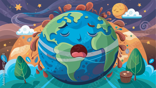 An Earth illustration in distress with human-like features, hugging itself and crying. Depicts an environmental theme with nature elements and surreal touch.