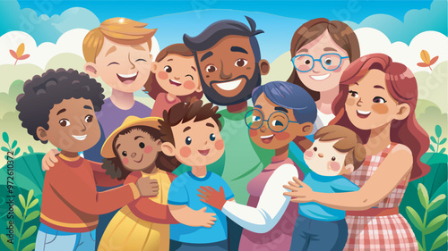 Colorful family illustration with diverse members embracing outdoors amid wildflowers. Inclusive message of unity and happiness depicted in a multi-racial, blended family setting.