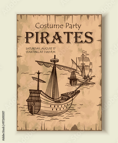 Pirates hand drawn poster. Linear boat in sea or ocean. Nautical trip and travel, adventure. Corsair and buccaneer. Flyer and booklet. Flat vector illustration isolated on white background