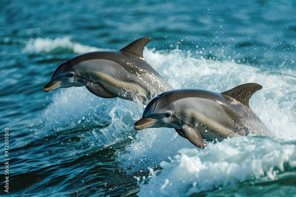 Obraz premium Playful Dolphins Leaping Through Ocean Waves at Sunset