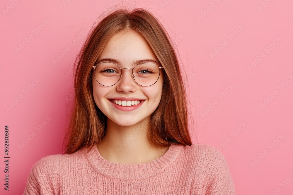 Smiling Teen Girl With Glasses On Pink Background, Generative AI. Smiling Teen Girl With Glasses On Pink Background, Generative AI.