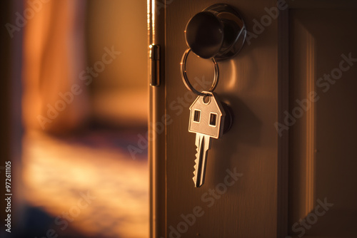 Key in the shape of a house symbol in an open door with warm light in the background photo