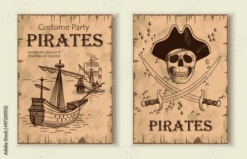 Posters with pirates set. Drawing ship and skull with sabers. Invitational postcard for birthday party. Nautical trip and adventure. Flat vector collection isolated on white background