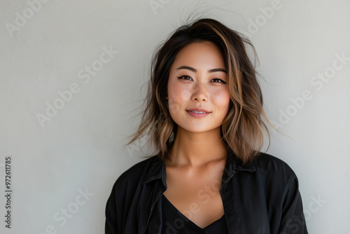 portrait of young woman in black casual shirt standing against blank white wall