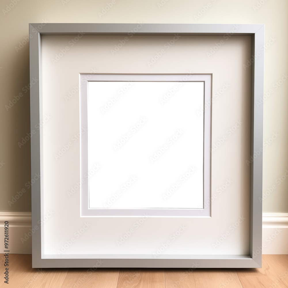 Empty picture frame on a wooden floor against a light wall – minimalist mock-up representation for custom designs Empty picture frame on a wooden floor against a light wall – minimalist mock-up representation for custom designs