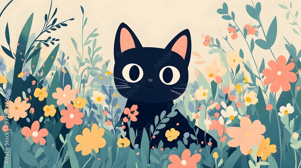 Playful Black Cat in Lush Floral Garden with Vibrant Blooms and Greenery