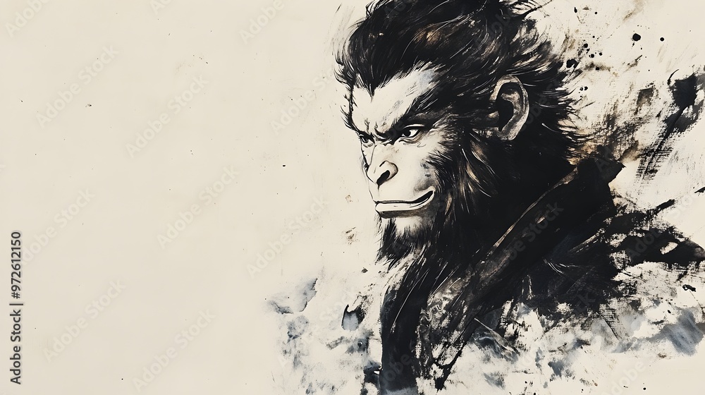 Fototapeta premium Fierce Monkey King Portrayed with Exquisite Brushwork in Minimalist Chinese Ink Painting