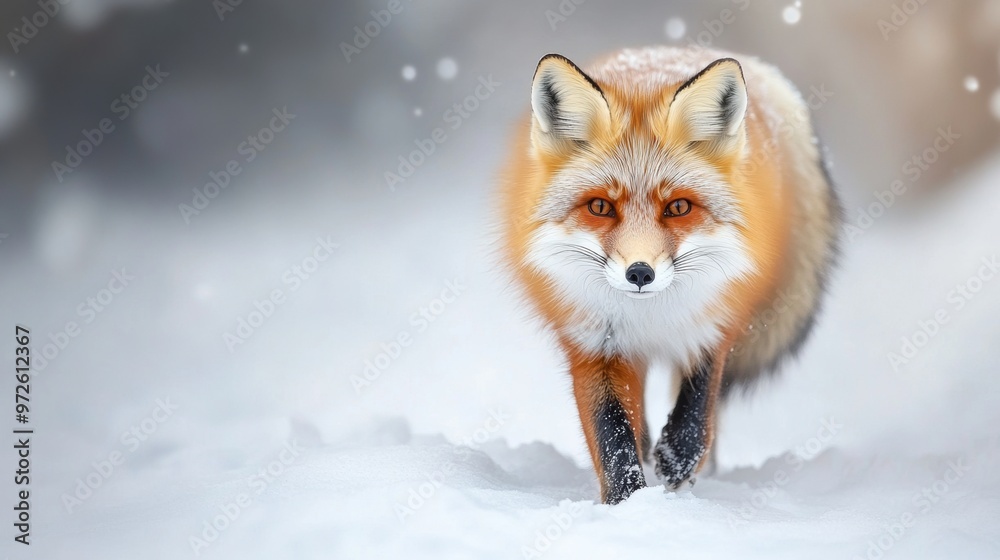 Obraz premium A fox is walking through the snow in front of a white background, AI