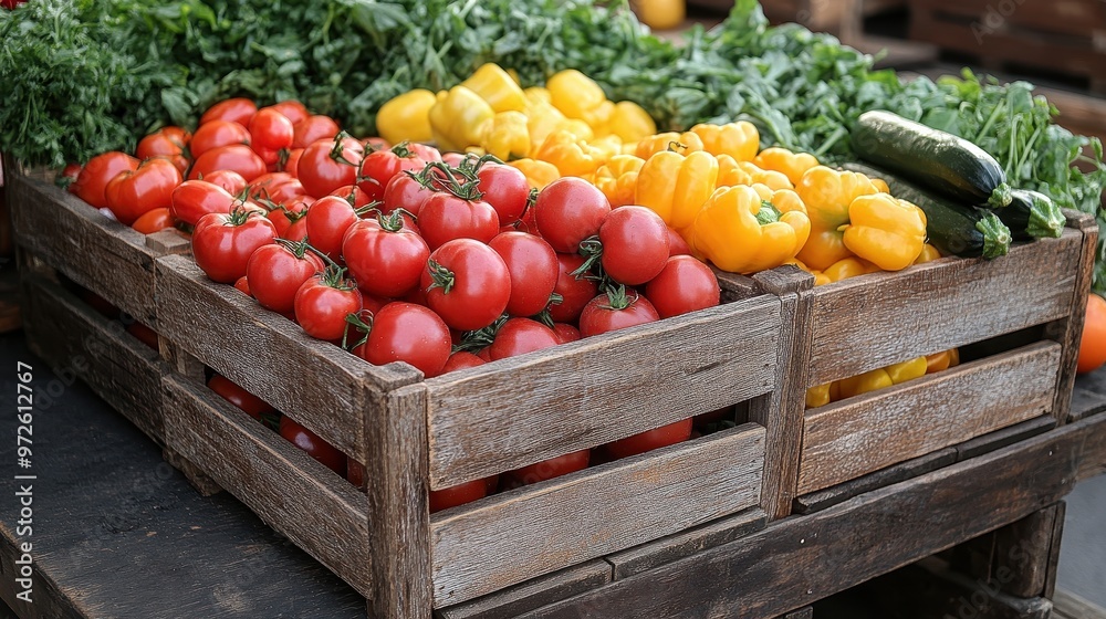 High-detail, realistic photograph of rustic wooden crates filled with fresh vegetables like tomatoes, peppers, and zucchini at a farmer's market
High-detail, realistic photograph of rustic wooden crates filled with fresh vegetables like tomatoes, peppers, and zucchini at a farmer's market