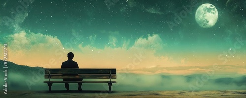 A figure sitting on a bench looking at a desolate landscape, [loneliness], [contemplation of life's emptiness]