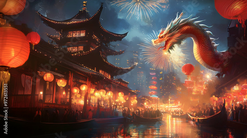 Chinese New Year lanterns, fireworks, and a dragon in a vibrant festival scene