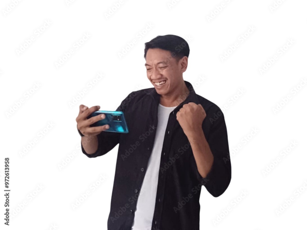 Excited young handsome Asian man celebrating success with raised fists isolated on white background Excited young handsome Asian man celebrating success with raised fists isolated on white background