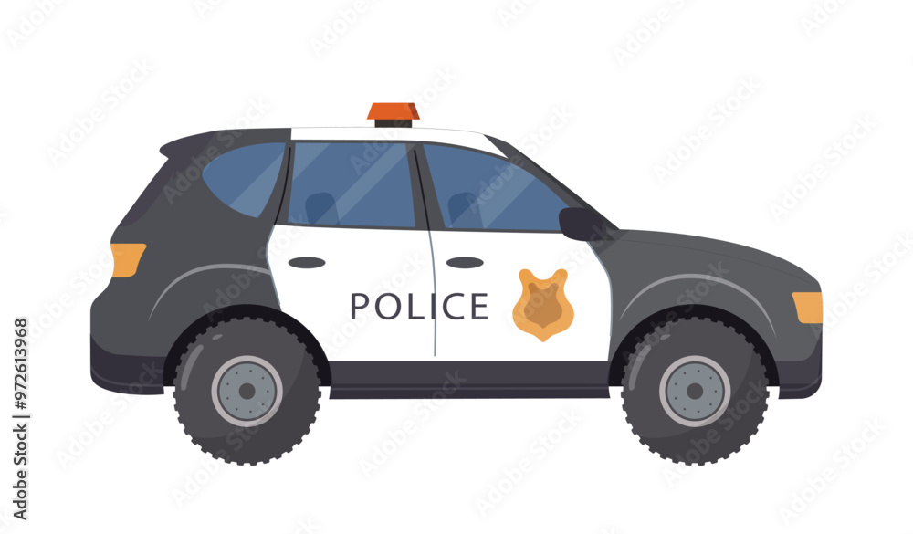 Police elements set. Car with siren. Officer or policeman equipment. Guard department and legal defending. Safety and security. Flat vector illustration isolated on white background Police elements set. Car with siren. Officer or policeman equipment. Guard department and legal defending. Safety and security. Flat vector illustration isolated on white background
