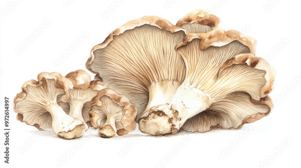 Freshly harvested oyster mushrooms arranged in a cluster on a white background Freshly harvested oyster mushrooms arranged in a cluster on a white background