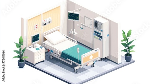 Isometric Perspective of a Hospital Room, Showcasing Bed, Medical Tools, and Plants