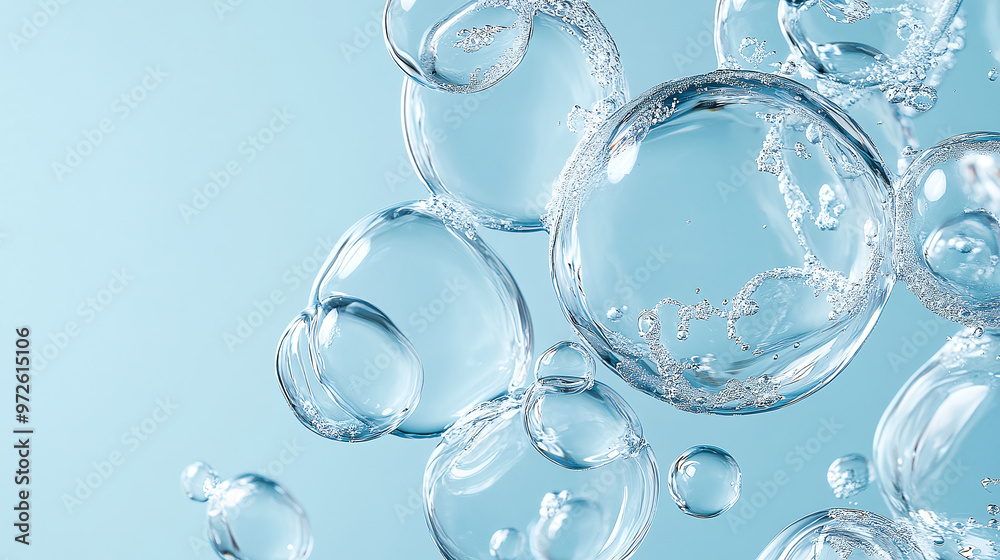 Transparent hyaluronic acid gel texture with visible air bubbles, set against a light blue background. The image emphasizes hydration and skincare Transparent hyaluronic acid gel texture with visible air bubbles, set against a light blue background. The image emphasizes hydration and skincare